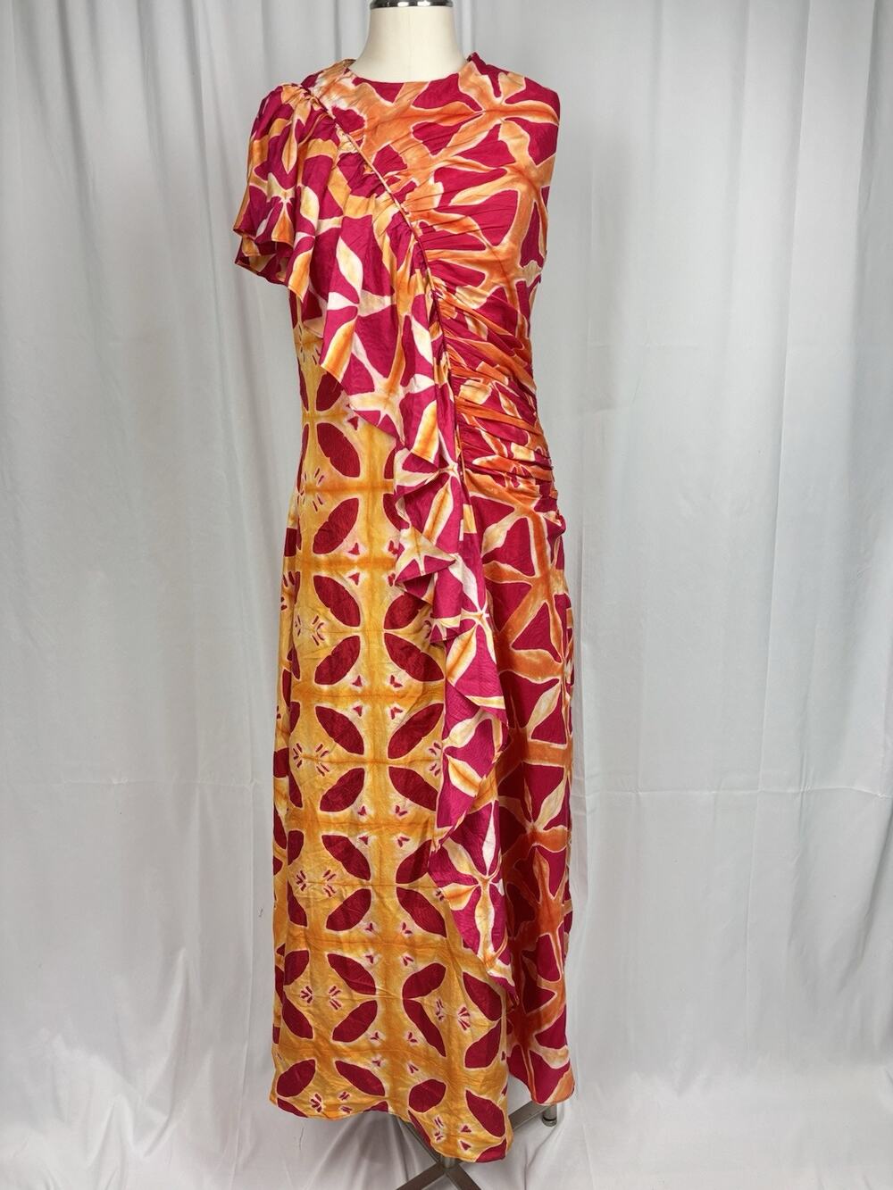 Ulla Johnson Handmade Lali Runched Ruffle 100% Silk Maxi Dress Red Orange Size 6